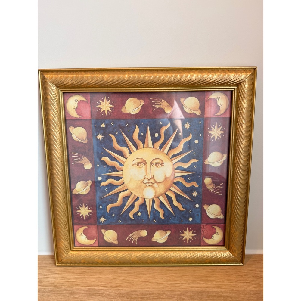 Mary Beth Zeity Celestial Moon and Sun Art Print 14x14 Gold Frame Whimsical 90's